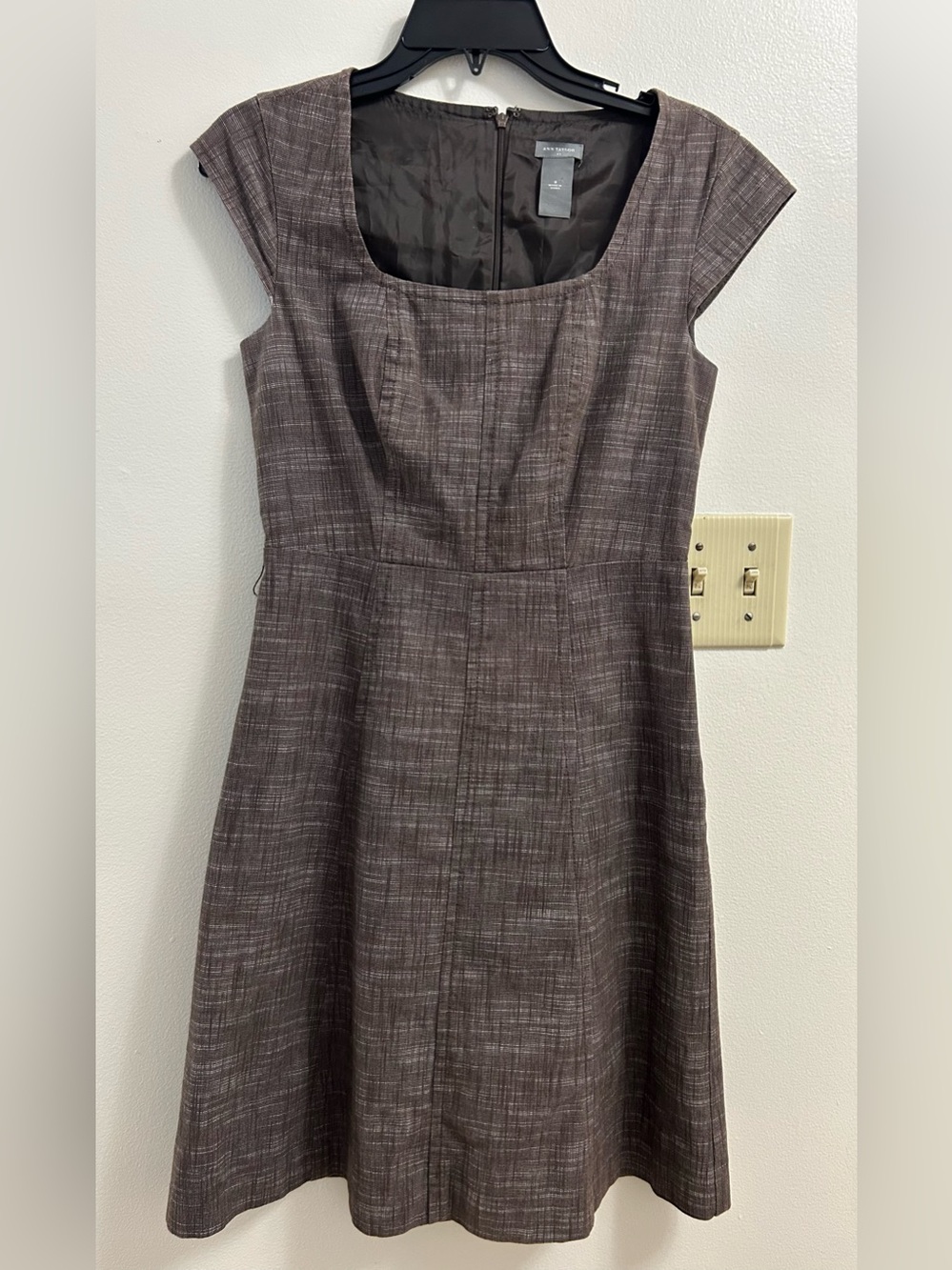 Ann Taylor Brown Plaid Cap-Sleeve Midi Dress